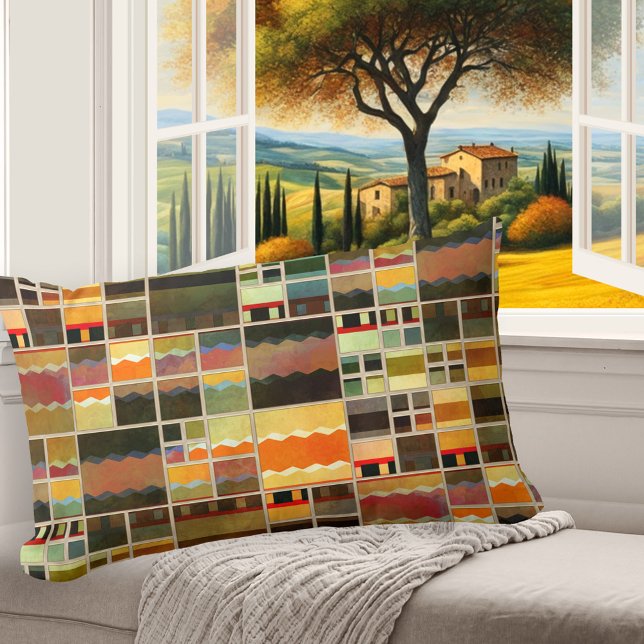 Abstract gelakt glas kleurrijk kussen (Pillow featuring an abstract geometric pattern in a leaded glass or stained glass style)