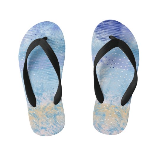 Abstract gemengde techniek blauw turquoise geel kinder teenslippers (Voetbed)