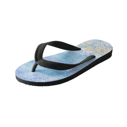 Abstract gemengde techniek blauw turquoise geel kinder teenslippers (Schuin)