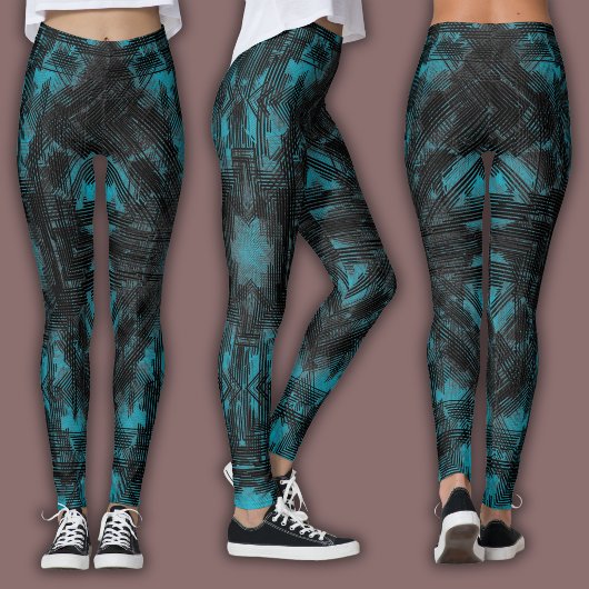 Abstract Geometric Pattern | Black and Teal Leggings