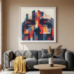 Abstract Geometric Portrait Poster<br><div class="desc">Intense eyes emerge from geometric shapes in red, orange, and blue. Abstract digital art with splatter texture and vertical lines. Contemporary design perfect for modern decor, posters, or creative projects. Artistic expression that conveys emotion and sophistication.</div>