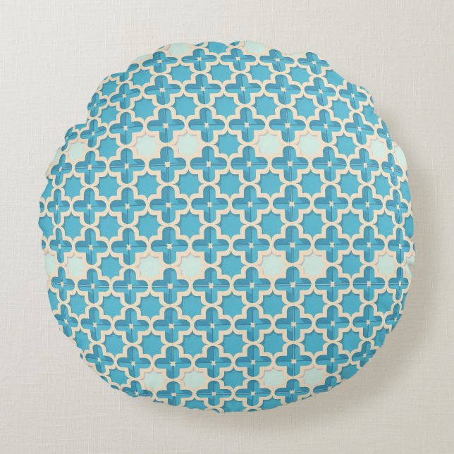 Abstract geometrisch blauw en wit patroon rond kussen (Voorkant)