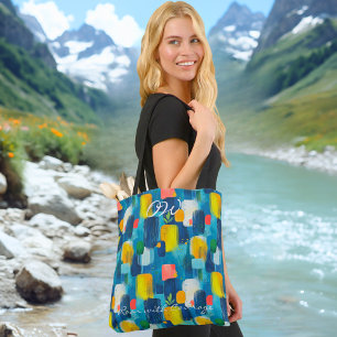 Abstract Geometrisch Blauw Geel Design Boodschappe Tote Bag