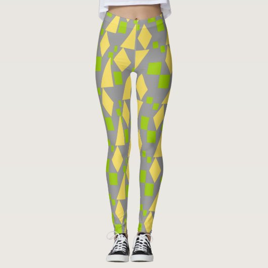 Abstract Geometrisch Groen Geel Patroon op Grijs Leggings (Voorkant)