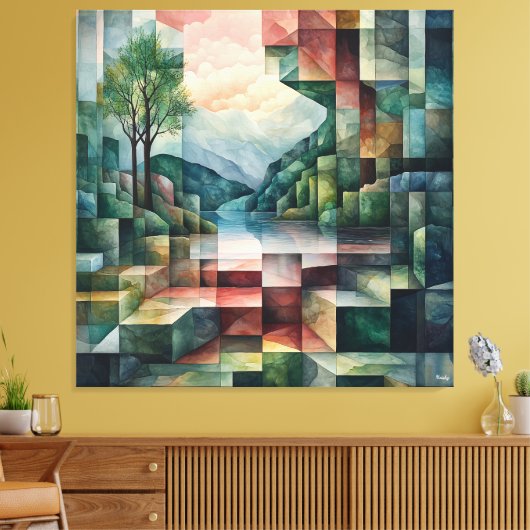 Abstract geometrisch landschap met rivier en boom canvas afdruk (Insitu (Woonkamer))