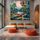 Abstract geometrisch landschap met rivier en boom canvas afdruk