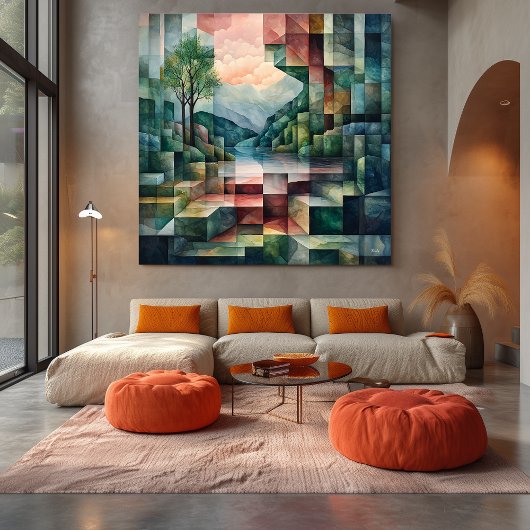 Abstract geometrisch landschap met rivier en boom canvas afdruk