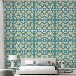Abstract geometrisch patroon in groen en blauw behang