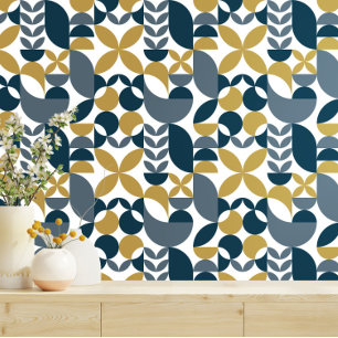 Abstract geometrisch patroon Navy, Mosterd Behang