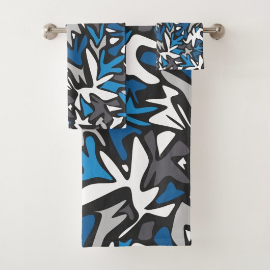 abstract, geometrisch, patroon-, zwart- en blauwe  bad handdoek (Insitu)