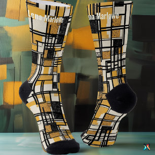 Abstract geometrisch raster in mosterd & zwart op sokken