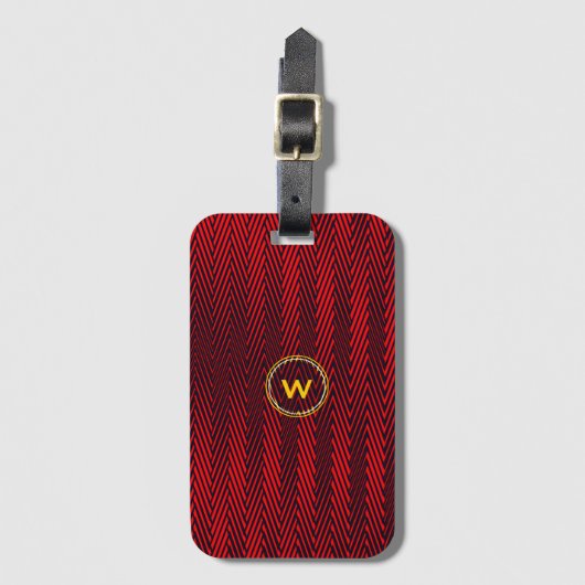 Abstract geometrisch rood en zwart gestreept monog bagagelabel (Voorkant (verticaal))