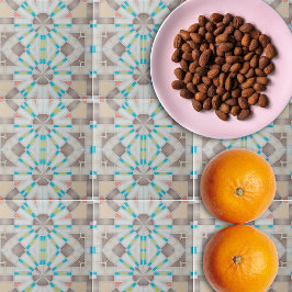 Abstract Geometrisch spiegelbeeld Bruin Beige Blau Tegeltje