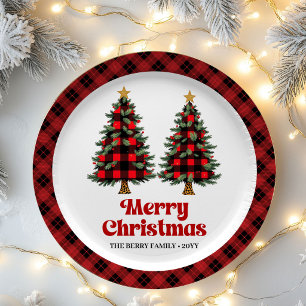 Abstract geruite boom familienaam kerstpapier  papieren bordje