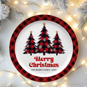 Abstract Geruite Kerstboom Familienaam Papier Plai Papieren Bordje