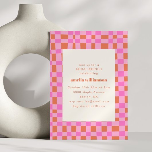 Abstract Geruite Retro Roze Oranje Bruids Brunch Kaart