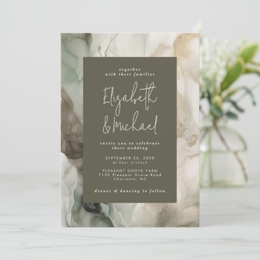 Abstract geschilderd modern donkergroen bruiloft kaart (Staand voorkant)