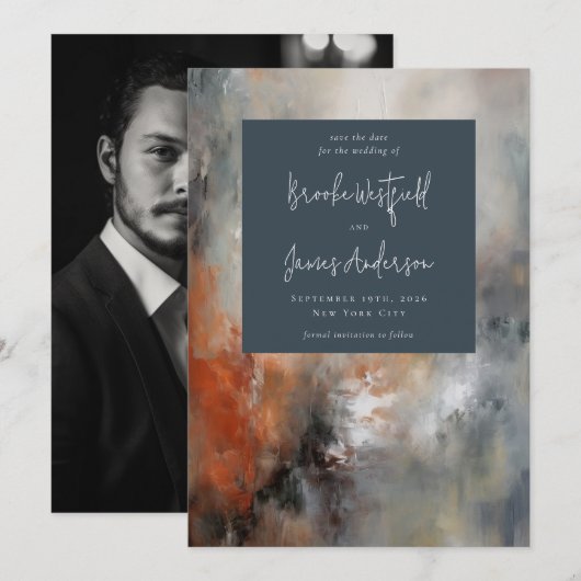 Abstract geschilderd modern grijs terracotta bruil save the date (Voorkant / Achterkant)