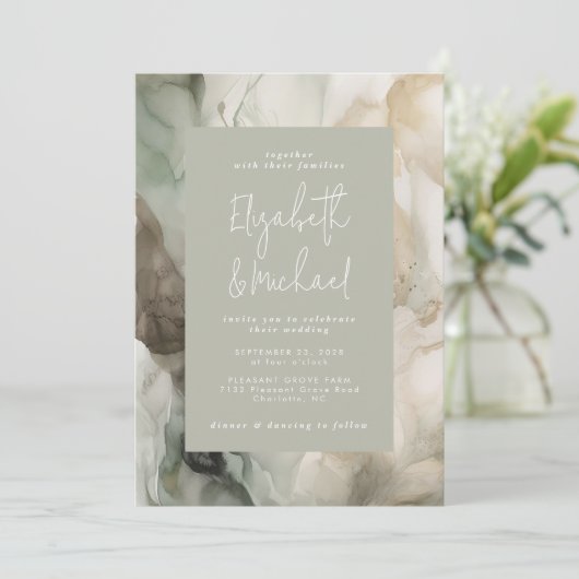 Abstract geschilderd Modern Sage Groen Bruiloft Kaart (Staand voorkant)