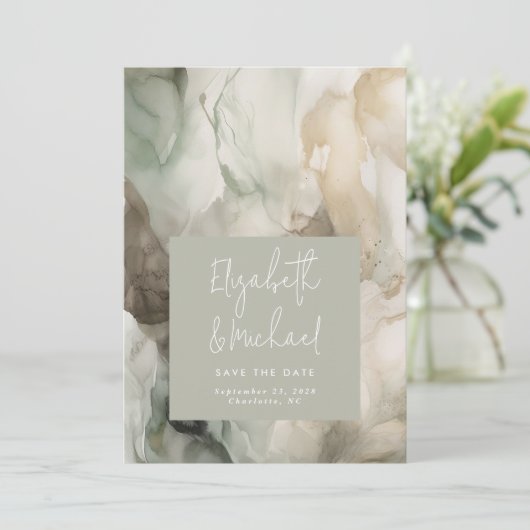 Abstract geschilderd Modern Sage Groen Bruiloft Save The Date (Staand voorkant)