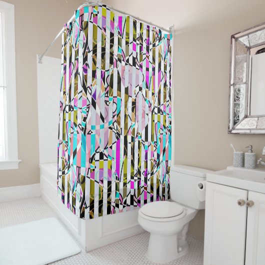 Abstract gestreepte strepen beige turquoise p douchegordijn (In situ)