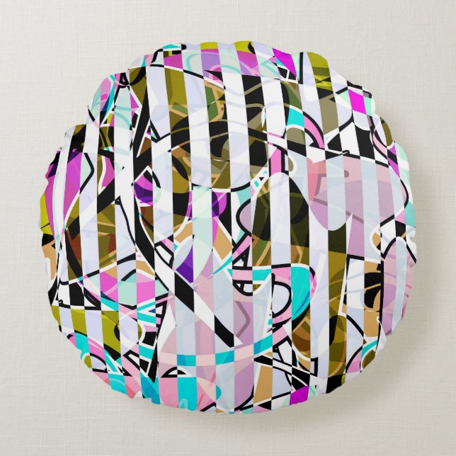 Abstract gestreepte strepen beige turquoise p rond kussen (Voorkant)