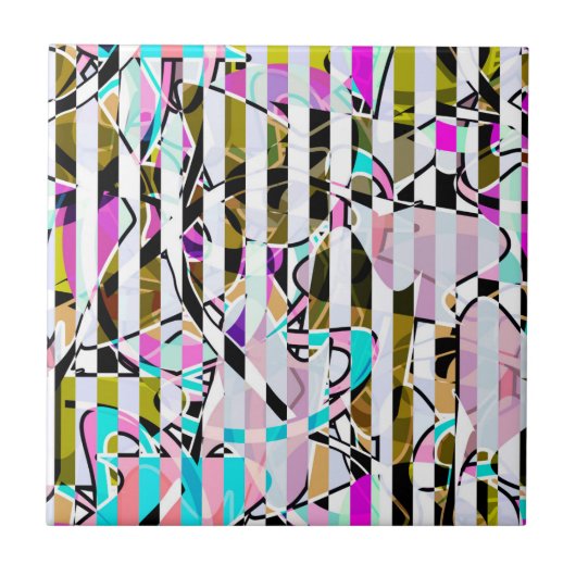 Abstract gestreepte strepen beige turquoise p tegeltje (Voorkant)