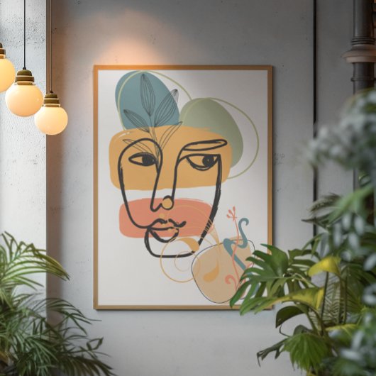 Abstract Gezicht Art Roze Blauw Groen Geel Kleuren Canvas Afdruk