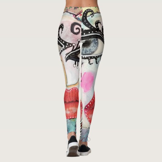 Abstract gezicht Big Eyes Red Lips Neon Pink Graff Leggings (Achterkant)