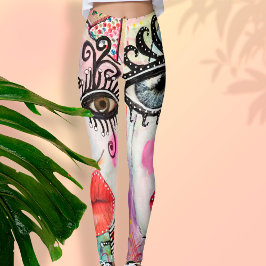Abstract gezicht Big Eyes Red Lips Neon Pink Graff Leggings