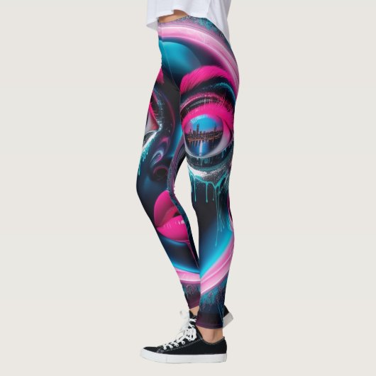 Abstract gezicht Big Eyes Red Lips Neon Pink Graff Leggings (Links)