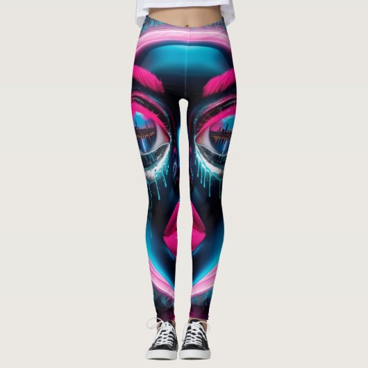 Abstract gezicht Big Eyes Red Lips Neon Pink Graff Leggings (Voorkant)