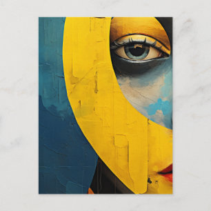 Abstract gezicht blauw en geel briefkaart