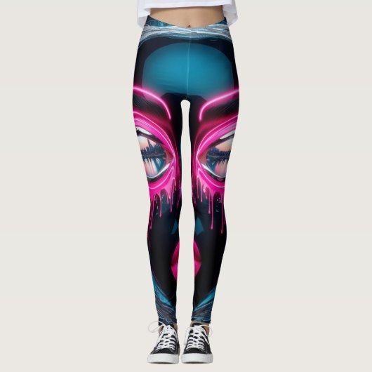 Abstract gezicht grote ogen rode lippen neon leggi leggings (Voorkant)