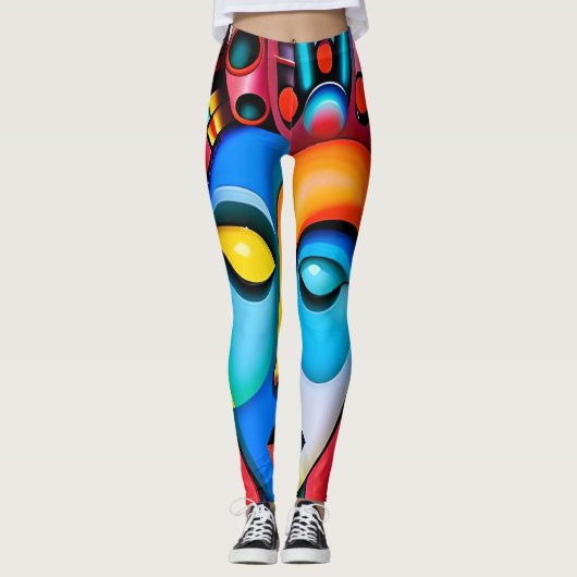 Abstract gezicht Grote ogen Rode Lips Neon Roze Le Leggings (Voorkant)