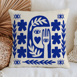Abstract Gezicht Modern Boze Ogen Blauwe Folk Art Kussen