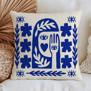 Abstract Gezicht Modern Boze Ogen Blauwe Folk Art Kussen