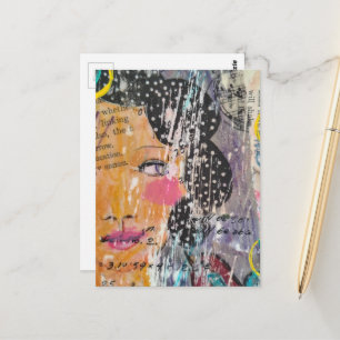 Abstract Gezicht Stippen Haar Mixed Media Collage Briefkaart