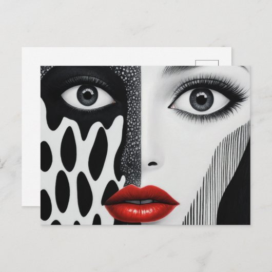 Abstract gezicht zwart wit rood briefkaart (Voorkant / Achterkant)