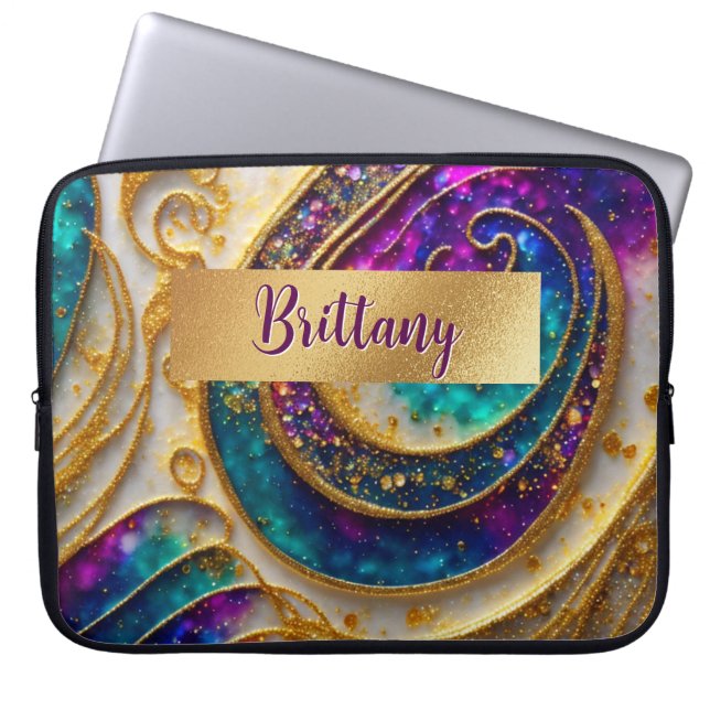 Abstract Glam Modern Alcohol Ink Paars & Gold Laptop Sleeve (Voorkant)