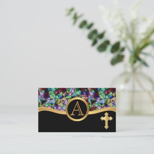 Abstract Glas in lood van mozaïek | Golden Cross Visitekaartje (Staand voorkant)