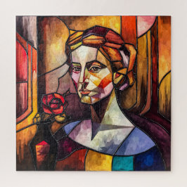 Abstract Glas in lood vrouwenportret met Roos Legpuzzel