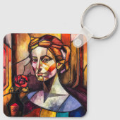 Abstract Glas in lood vrouwenportret met Roos Sleutelhanger (Achterkant)