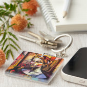 Abstract Glas in lood vrouwenportret met Roos Sleutelhanger (Voorkant Rechts)