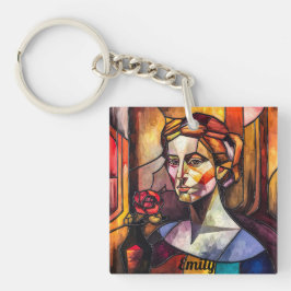 Abstract Glas in lood vrouwenportret met Roos Sleutelhanger