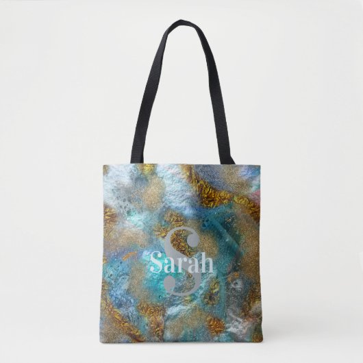 Abstract Gold Blauwgroen Faux Folie Glitter Name M Tote Bag (Voorkant)