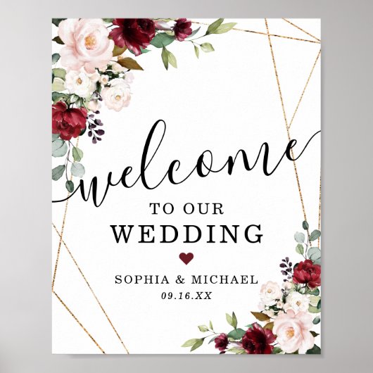 Abstract Gold Burgundy Blush Floral Welcome Sign Poster (Voorkant)
