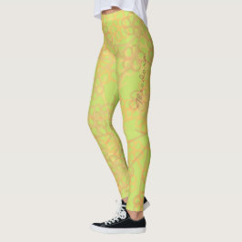 Abstract Gold Green Floral Pattern Leggings