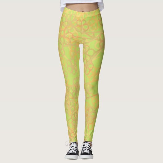Abstract Gold Green Floral Pattern Leggings (Voorkant)