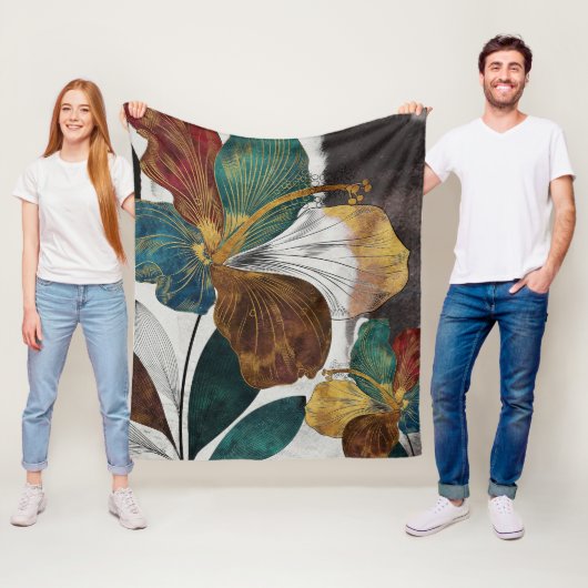 Abstract Gold Line Floral Art with Bold Petals Fleece Deken (In situ)